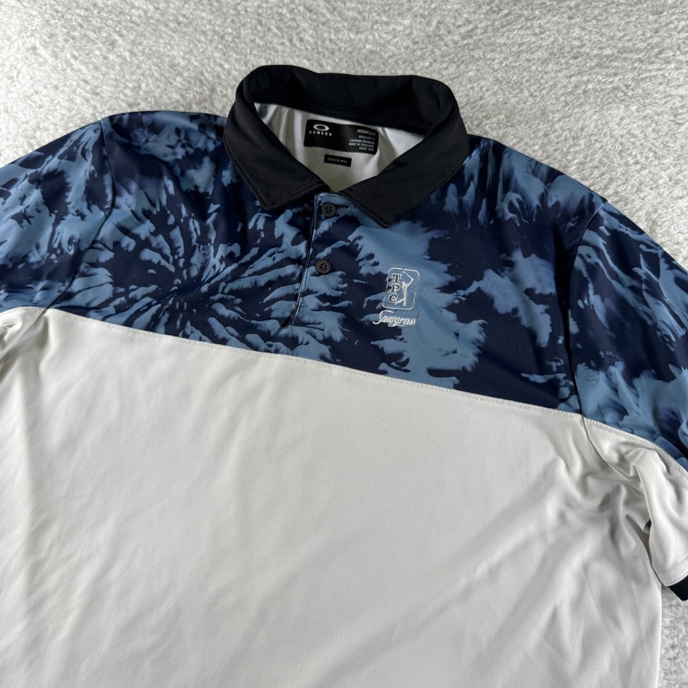 Oakley Hydrolix TPC Sawgrass Golf Polo Shirt Men's Medium White Blue Logo Clean